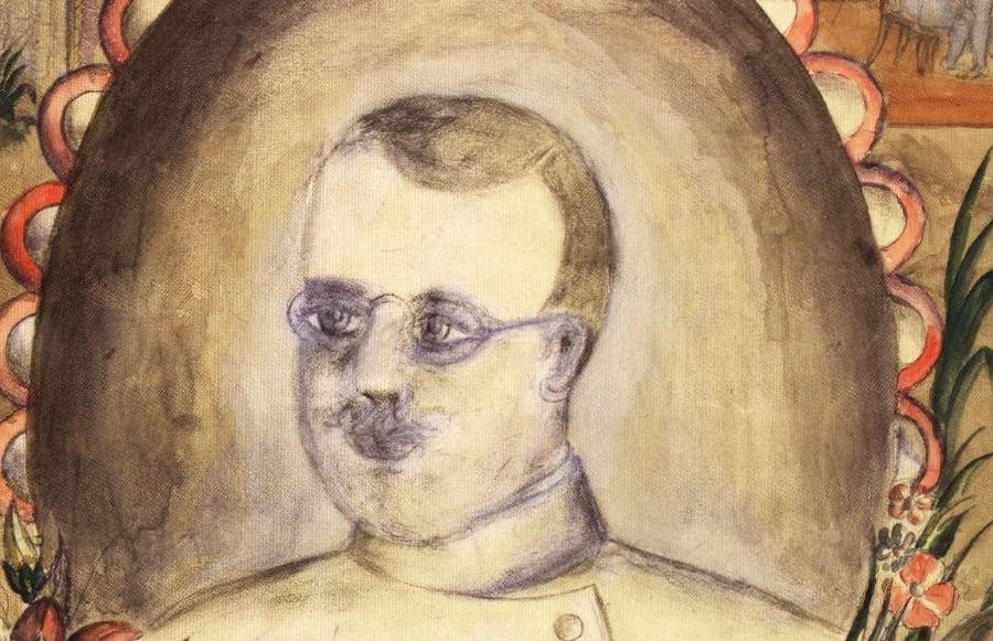 Selbstgemaltes Porträt von Mathäus Lorenz Seitz 1921. Das Bild zeigt einen Mann mit Brille, hellem Haar, hoher Stirn und Schnauzbart. Er schaut leicht nach links und trägt eine Uniform. Das Bild ist mit einem rot verzierten Oval umrandet.